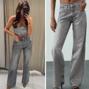 Zara wide leg sequin foil jeans